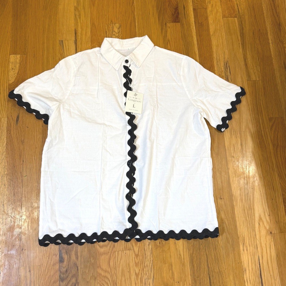 Lingjiazi White Cotton‎ Linen Ric Rac Trim Short Sleeve Button Down Shirt Size L